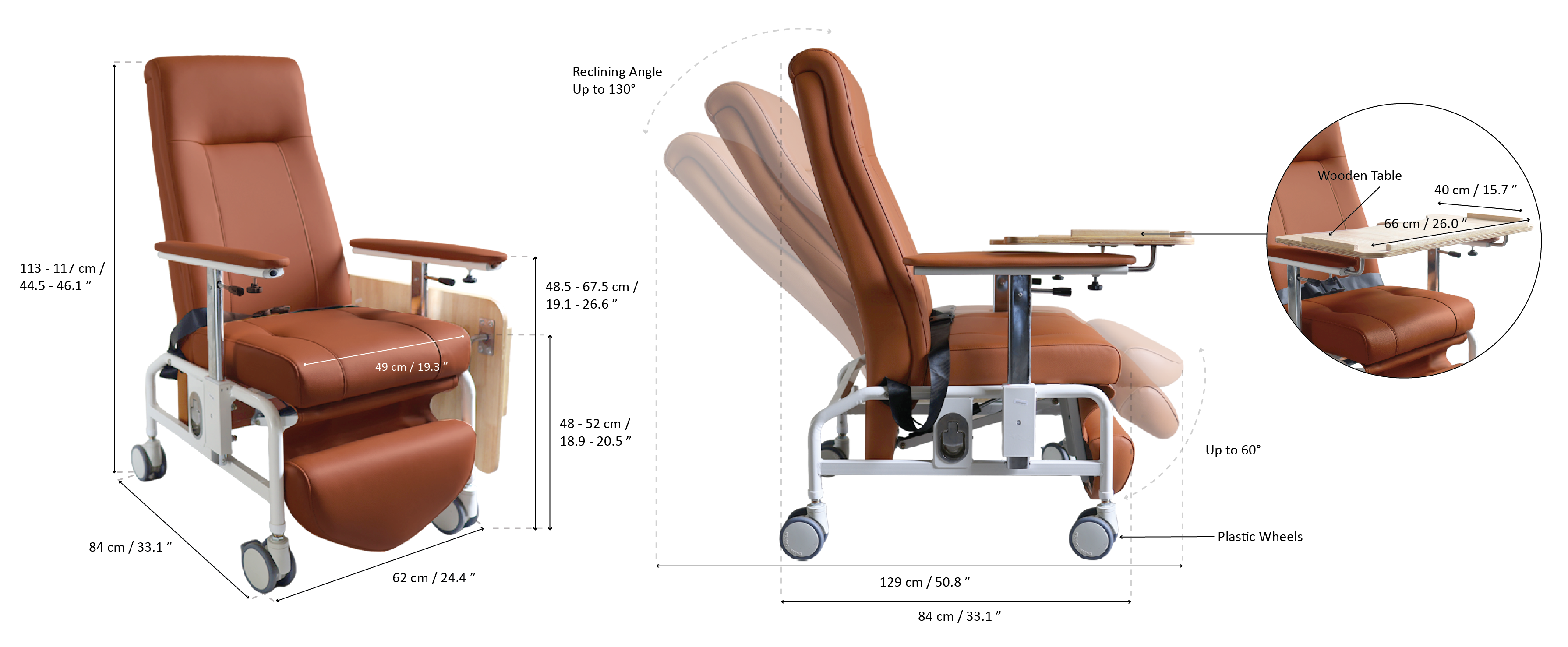 KW-WF-AA Reclining Geriatric Chair (Steel, With Wheels, Footrest & Adjustable Arm Rest) - geatric chair kwwfaa specs